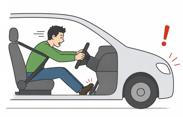 Drawing of a driver leaning forward when a car brakes suddenly due to inertia