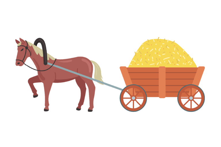 Drawing of a horse pulling a cart, illustrating force, mass, and acceleration