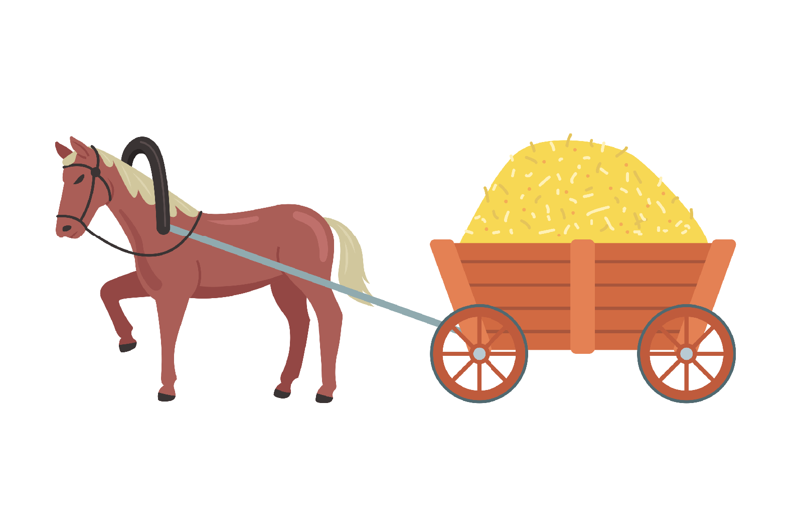 Drawing of a horse pulling a cart, illustrating force, mass, and acceleration