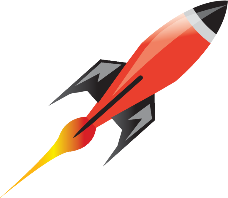 Drawing of a rocket ejecting fuel backward to propel itself forward, illustrating Newton's third law