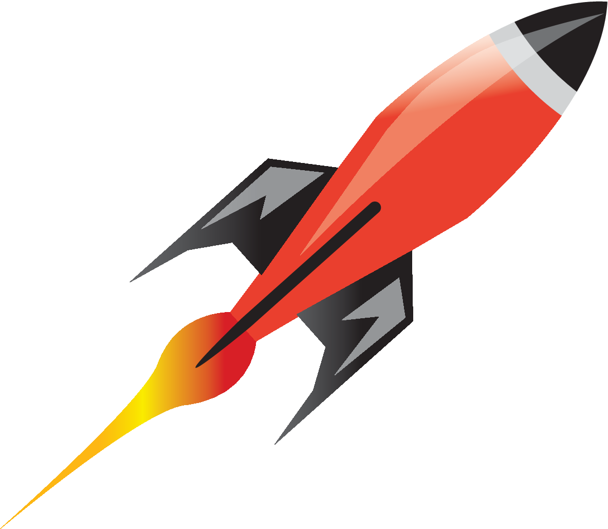Drawing of a rocket ejecting fuel backward to propel itself forward, illustrating Newton's third law