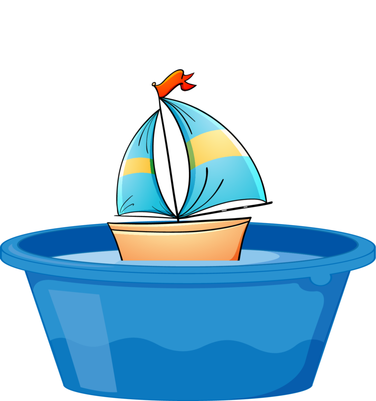 Toy boat floating in a bucket of water, illustrating Archimedes' principle and buoyancy