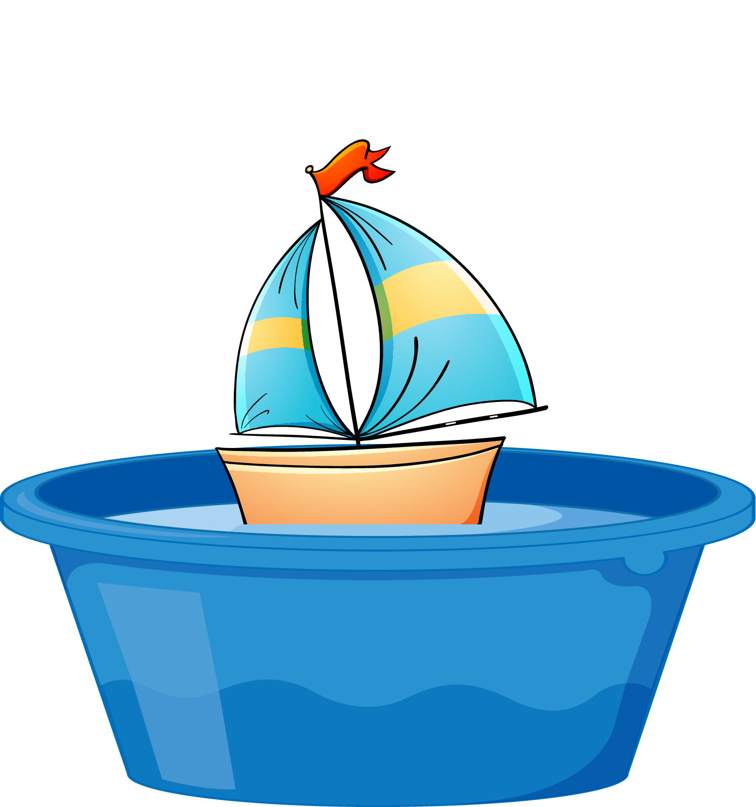 Toy boat floating in a bucket of water, illustrating Archimedes' principle and buoyancy