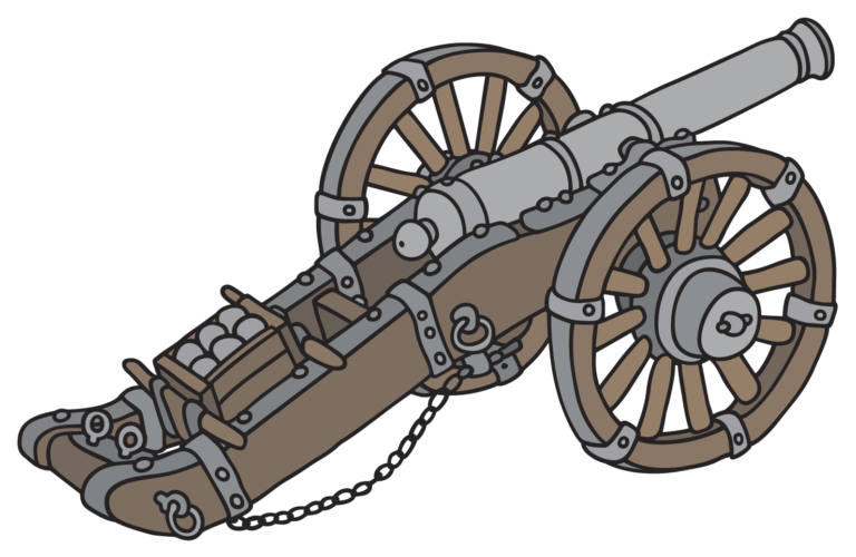 Drawing of a classic vintage cannon illustrating recoil and conservation of linear momentum