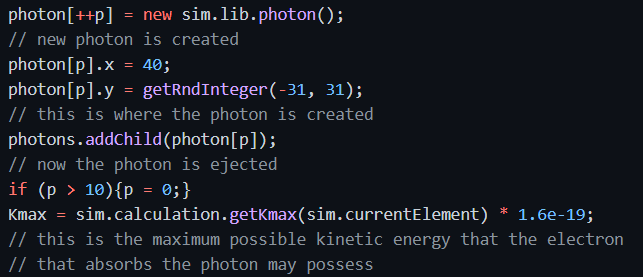 JavaScript code snippet from the Photoelectric Effect simulation showing photon creation and electron absorption logic