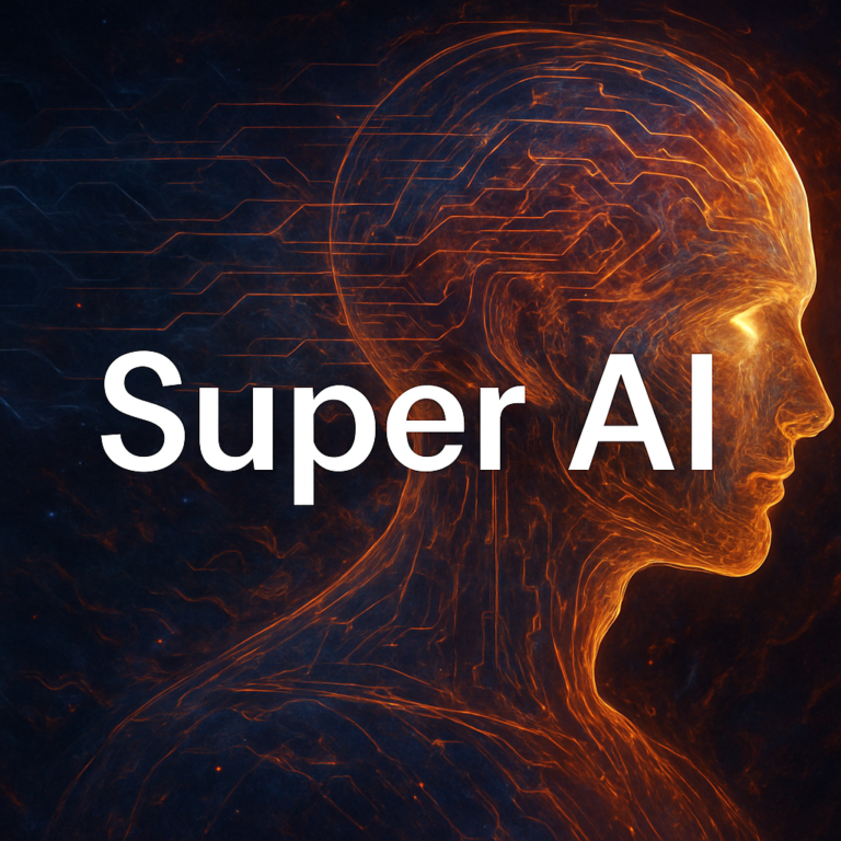 Glowing AI human figure with neural circuit patterns representing super artificial intelligence perception beyond human reality