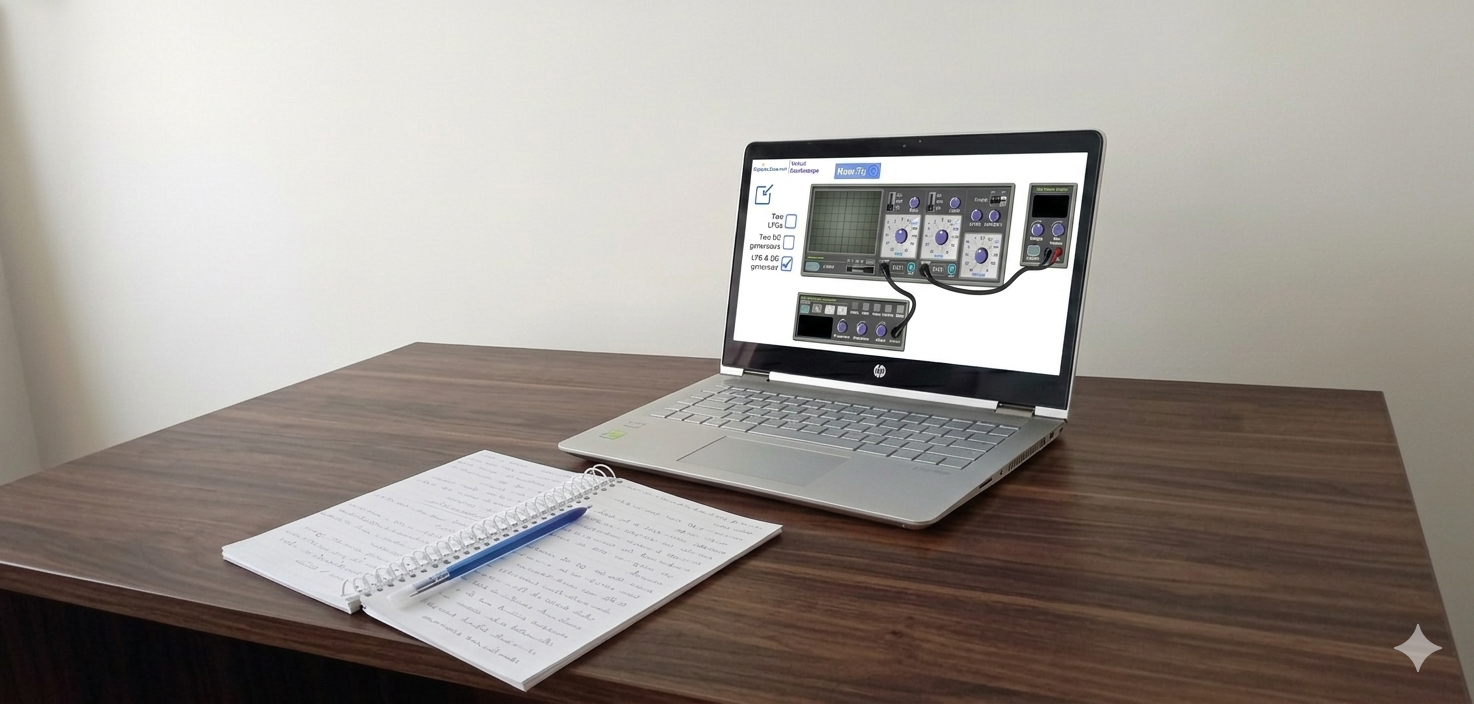 E-learning developer and instructional designer Farid Minawi — virtual oscilloscope simulation displayed on a laptop