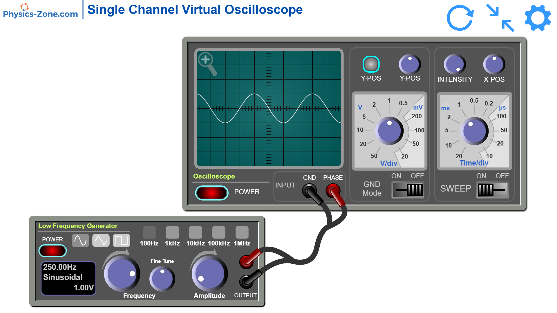 Single Channel Virtual Oscilloscope simulation showing a sinusoidal waveform on the oscilloscope screen, connected to a Low Frequency Generator