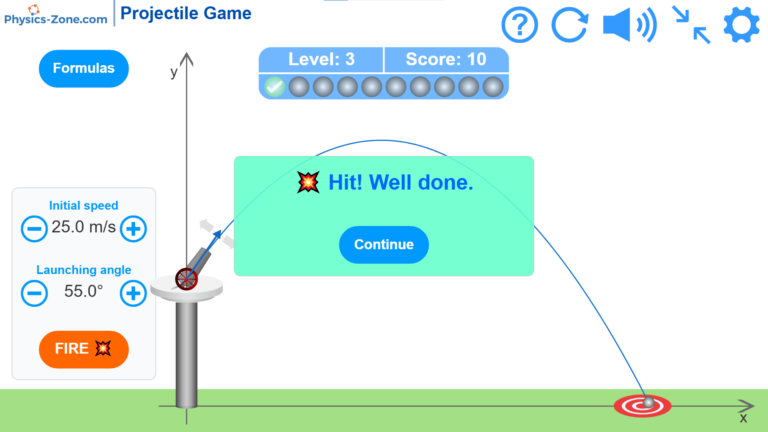 Projectile Game simulation screenshot – cannon, trajectory, target, and measurement markers with distance readouts